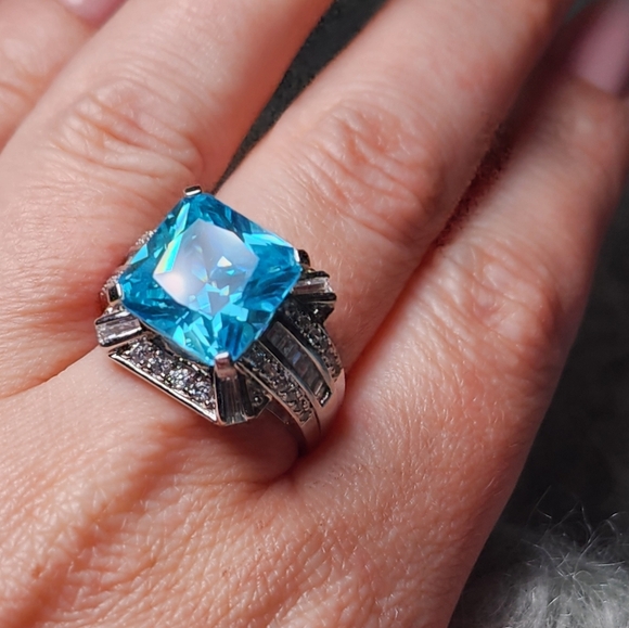 Aquamarine Cocktail Ring Square Radiant Cut CZ Side Stones In 925 Silver NWOT - Picture 1 of 7